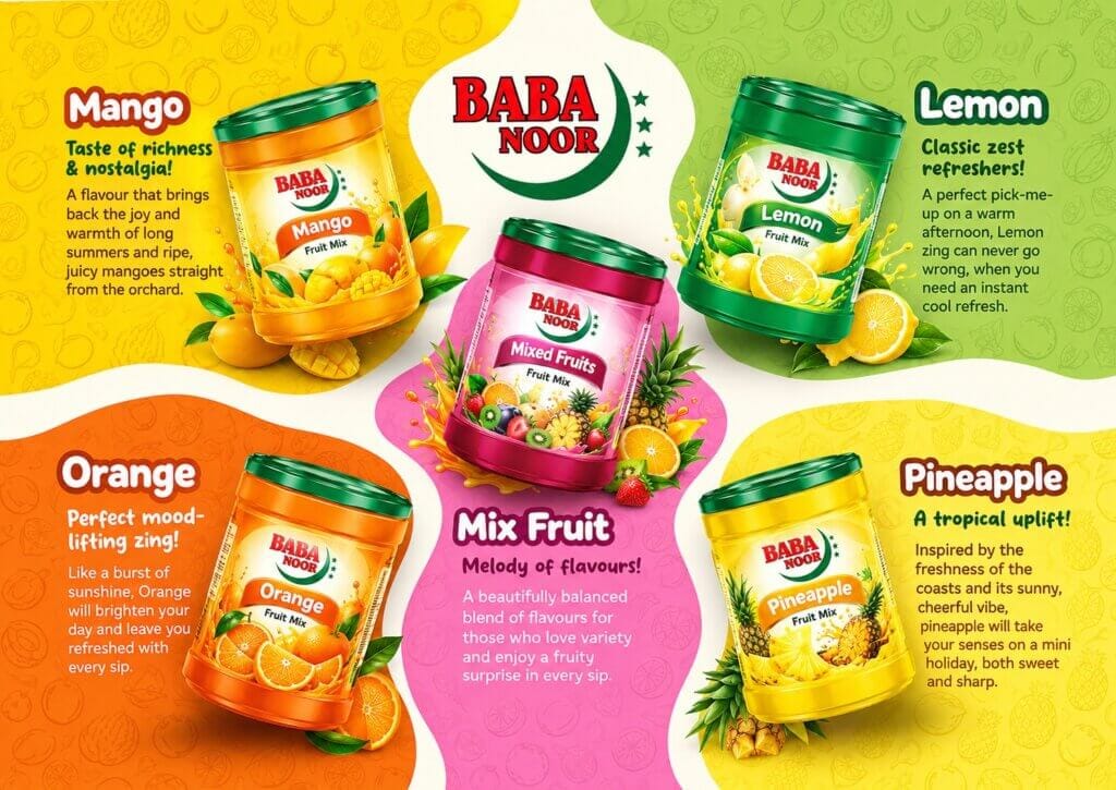 Baba Noor instant fruit mix drink powder five flavours mango lemon orange pineapple mixed fruit wholesale East Africa Kenya Tanzania Uganda