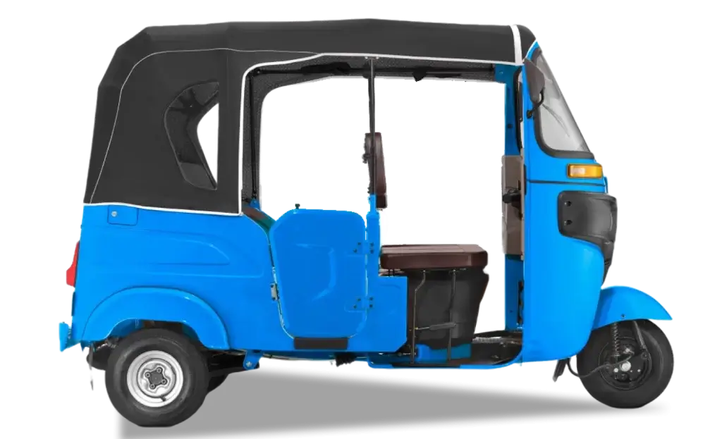 Bajaj RE 4S Compact BS6 2026 model blue with black hood side profile clean product shot auto rickshaw tuk-tuk Africa export