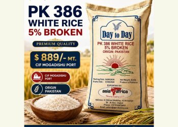 Day to Day PK 386 white rice 5 percent broken Pakistan origin USD 889 per MT CIF Mogadishu Port 25kg bag
