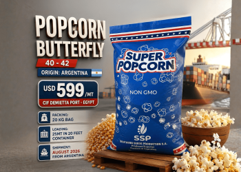 Super Popcorn butterfly popcorn kernels 40-42 Non-GMO Argentina origin USD 599 per MT CIF Damietta Port Egypt 20kg bag